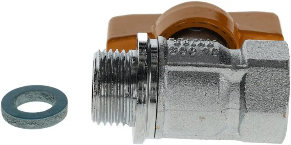 BOSCH Kugelhahn in metallischer Ausführung mit orangefarbenem Griff und Dichtungsring, geeignet zur Steuerung von Wasserleitungen.